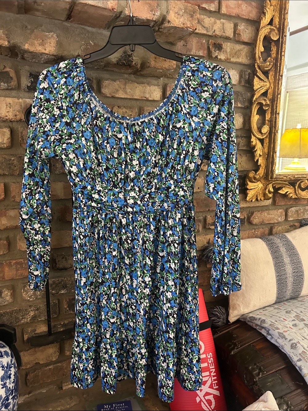 Floral Blue Long-Sleeve Smocked Waist Dress